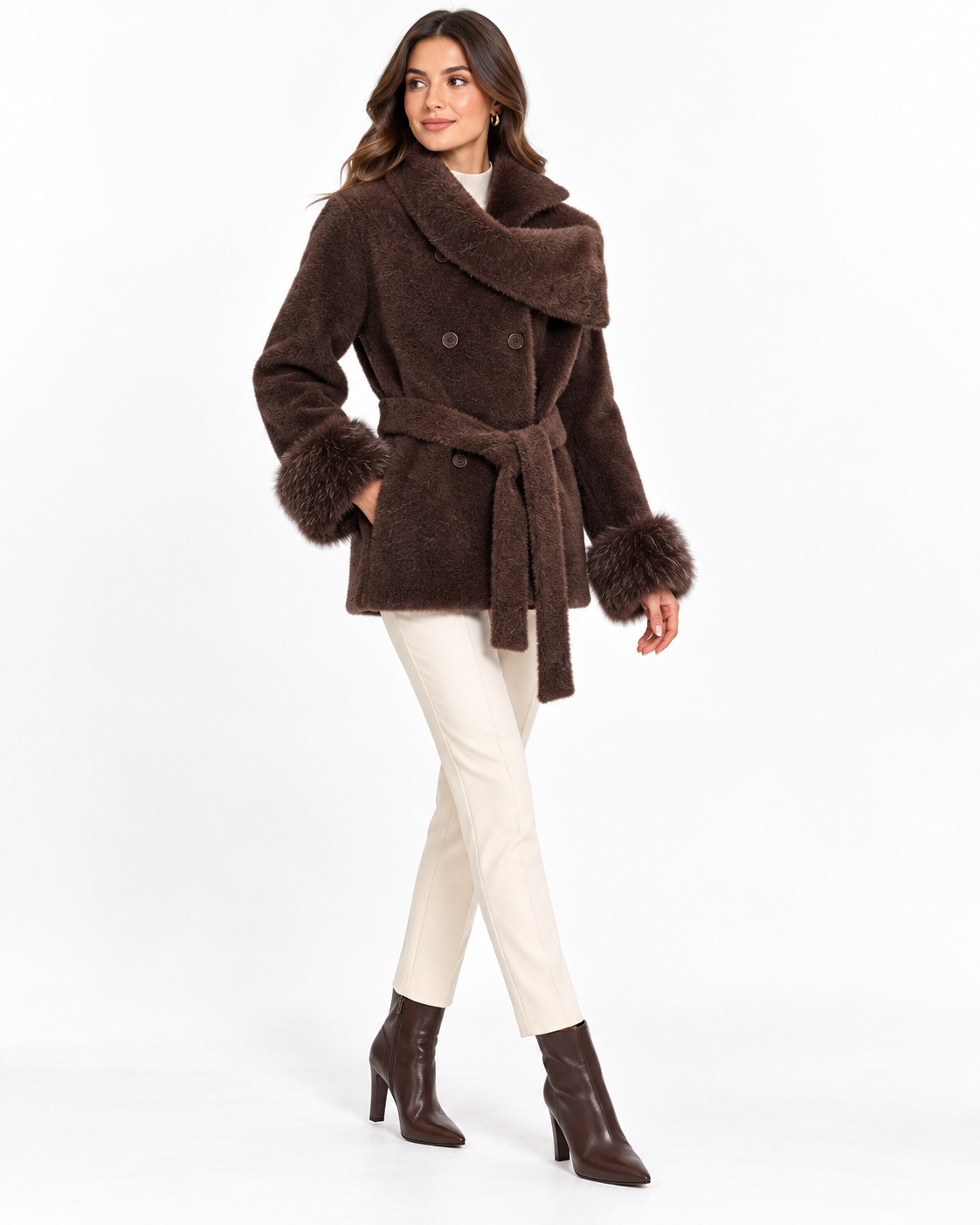 Κρουαζέ Ημίπαλτο με Ζώνη και Γούνινες Μανσέτες - Καφέ- Μοντέλο 2